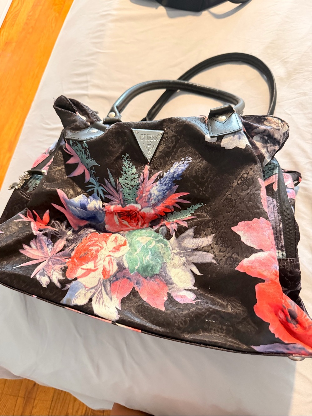 GUESS Black Floral Print Tote with Multicolor Bouquet